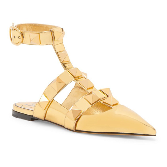 Valentino Rockstud Gold Pyramid Stud Pointed Ankle Strap Ballerina Flat 38.5 - Picture 3 of 12